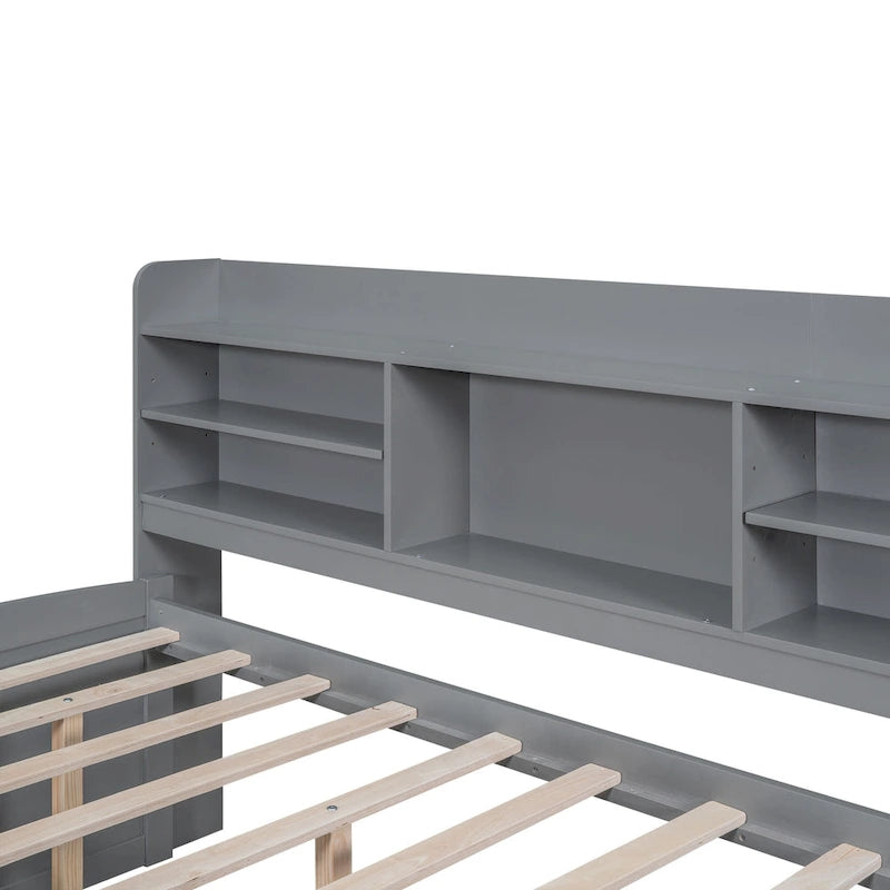 Full-Size Wooden Storage Bed with Bookcase, Drawers and Trundle