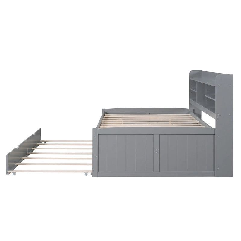Full-Size Wooden Storage Bed with Bookcase, Drawers and Trundle