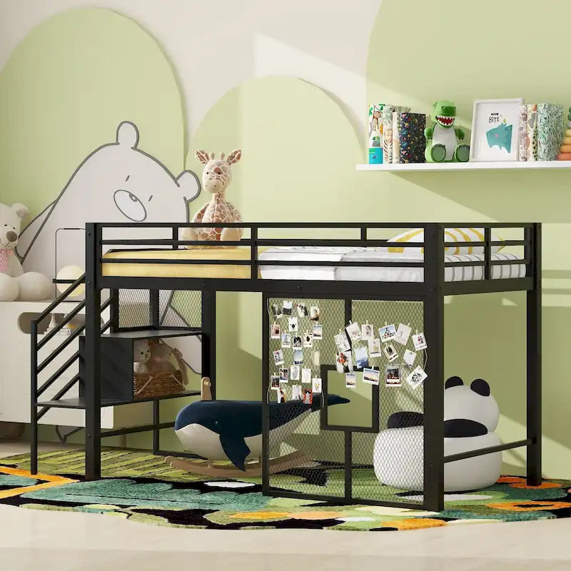 Twin Low Loft Bed with Storage Stairs and Guardrails