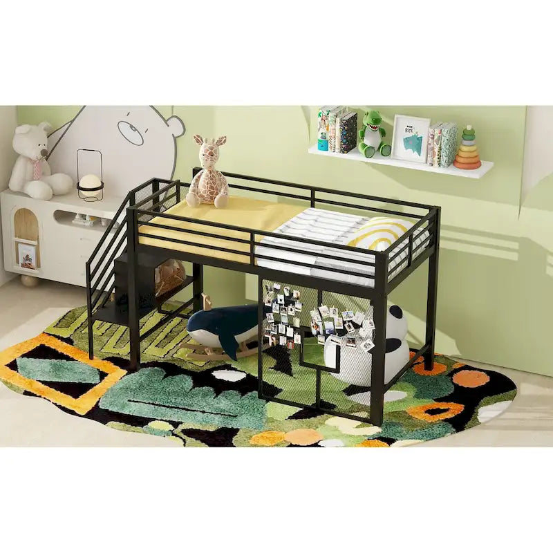 Twin Low Loft Bed with Storage Stairs and Guardrails