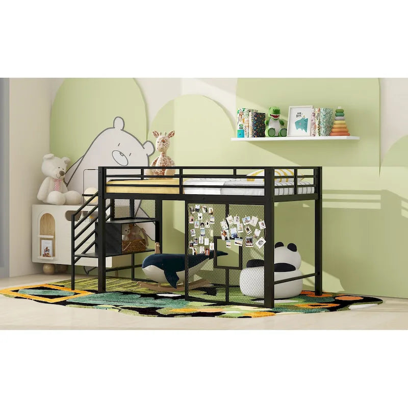 Twin Low Loft Bed with Storage Stairs and Guardrails