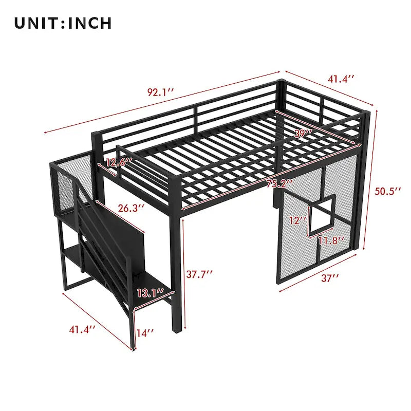 Twin Low Loft Bed with Storage Stairs and Guardrails