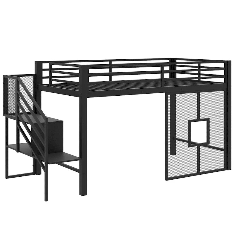Twin Low Loft Bed with Storage Stairs and Guardrails