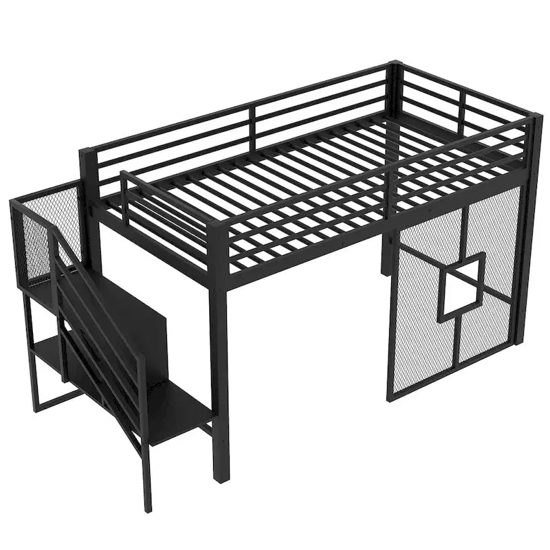 Twin Low Loft Bed with Storage Stairs and Guardrails