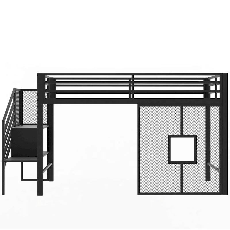 Twin Low Loft Bed with Storage Stairs and Guardrails