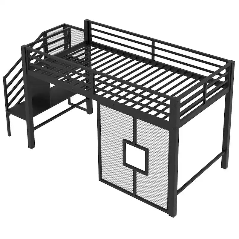 Twin Low Loft Bed with Storage Stairs and Guardrails