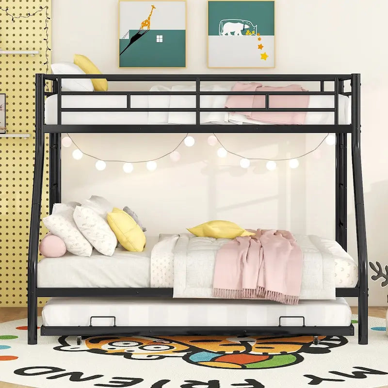 Twin-Over-Full Steel Bunk Bed with Twin Trundle and Dual Ladders