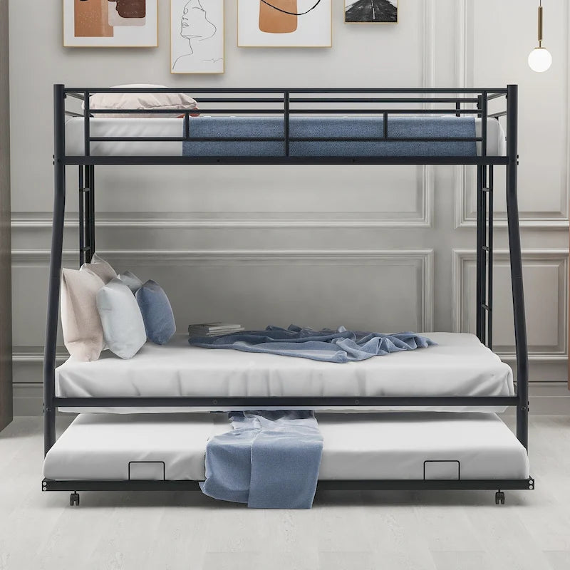 Twin-Over-Full Steel Bunk Bed with Twin Trundle and Dual Ladders