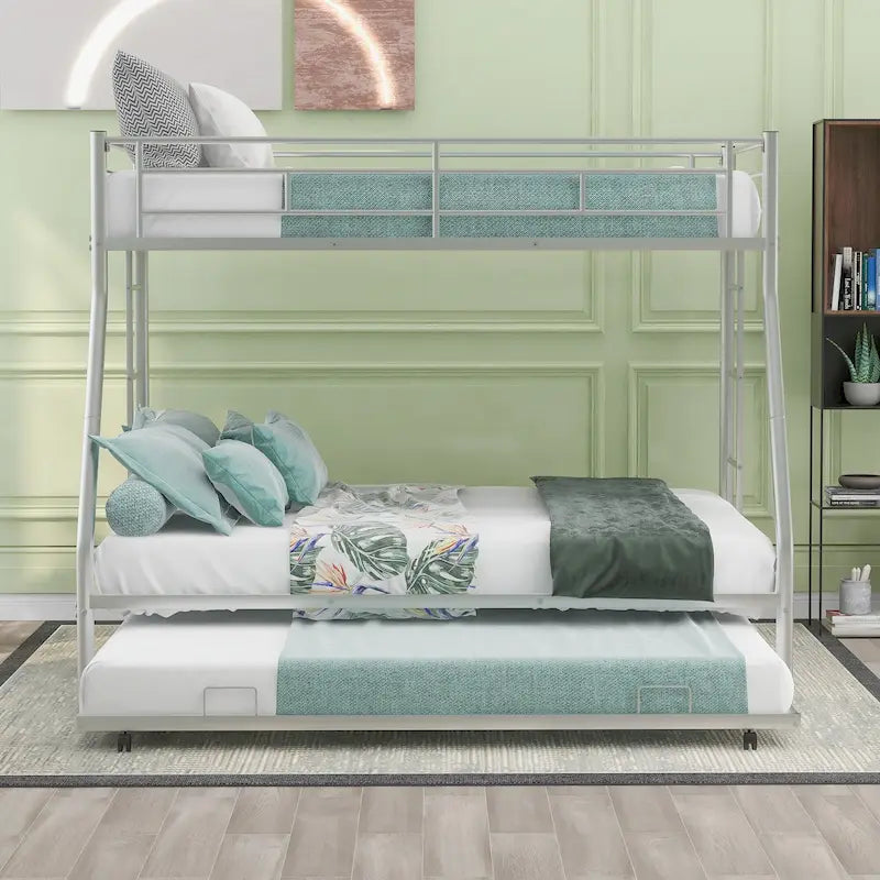 Twin-Over-Full Steel Bunk Bed with Twin Trundle and Dual Ladders