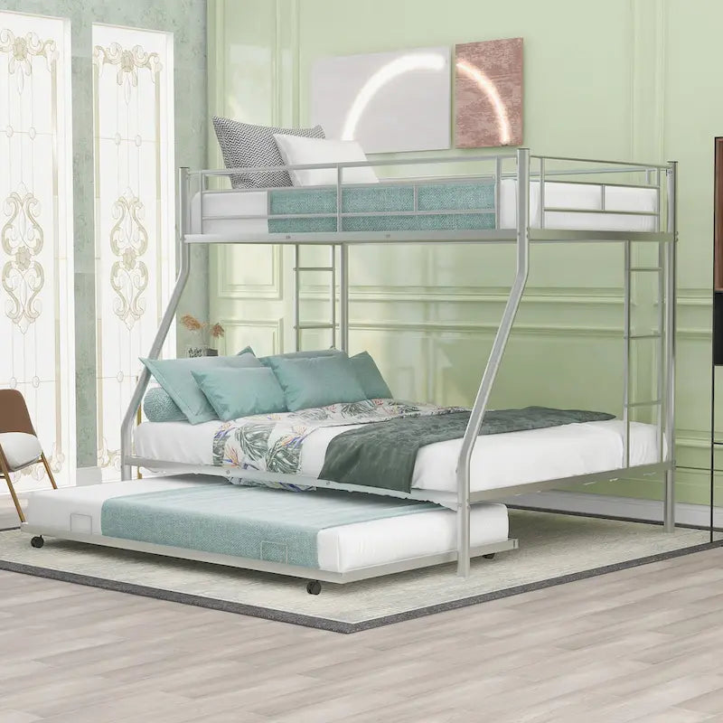 Twin-Over-Full Steel Bunk Bed with Twin Trundle and Dual Ladders