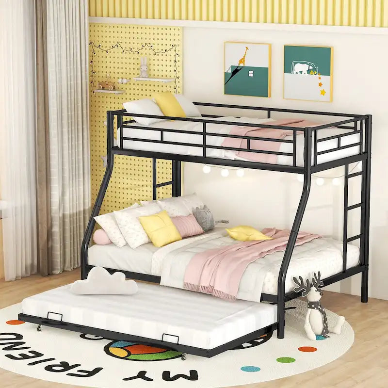 Twin-Over-Full Steel Bunk Bed with Twin Trundle and Dual Ladders