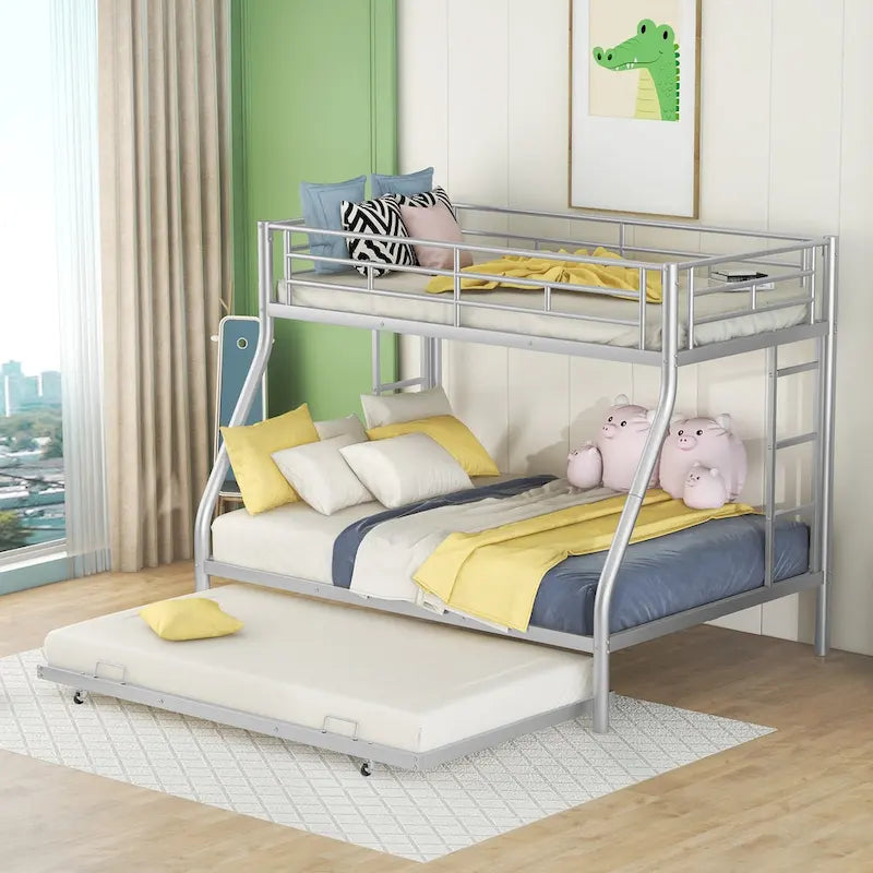 Twin-Over-Full Steel Bunk Bed with Twin Trundle and Dual Ladders