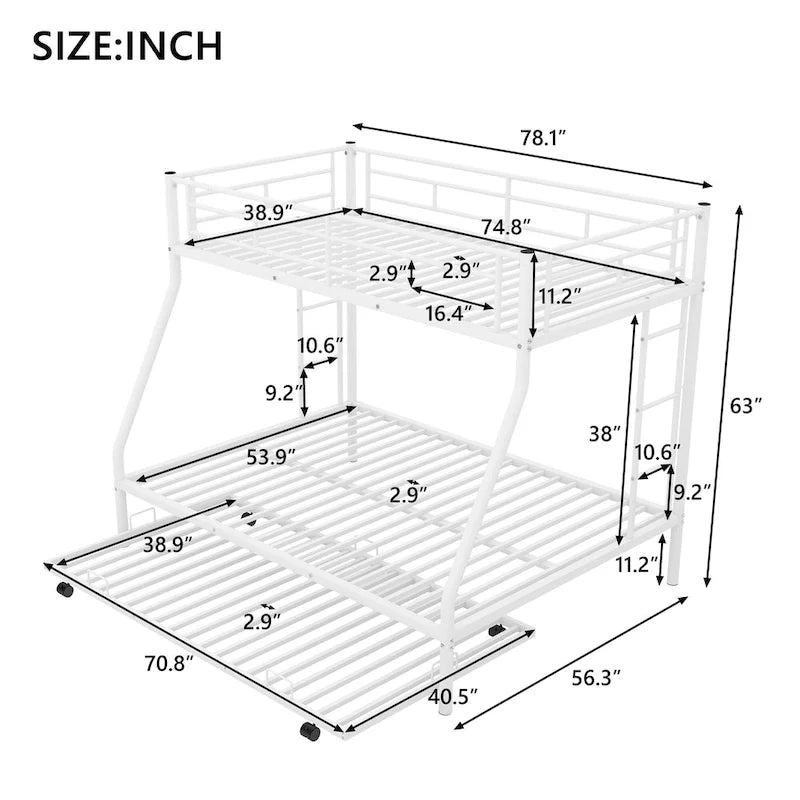 Twin-Over-Full Steel Bunk Bed with Twin Trundle and Dual Ladders