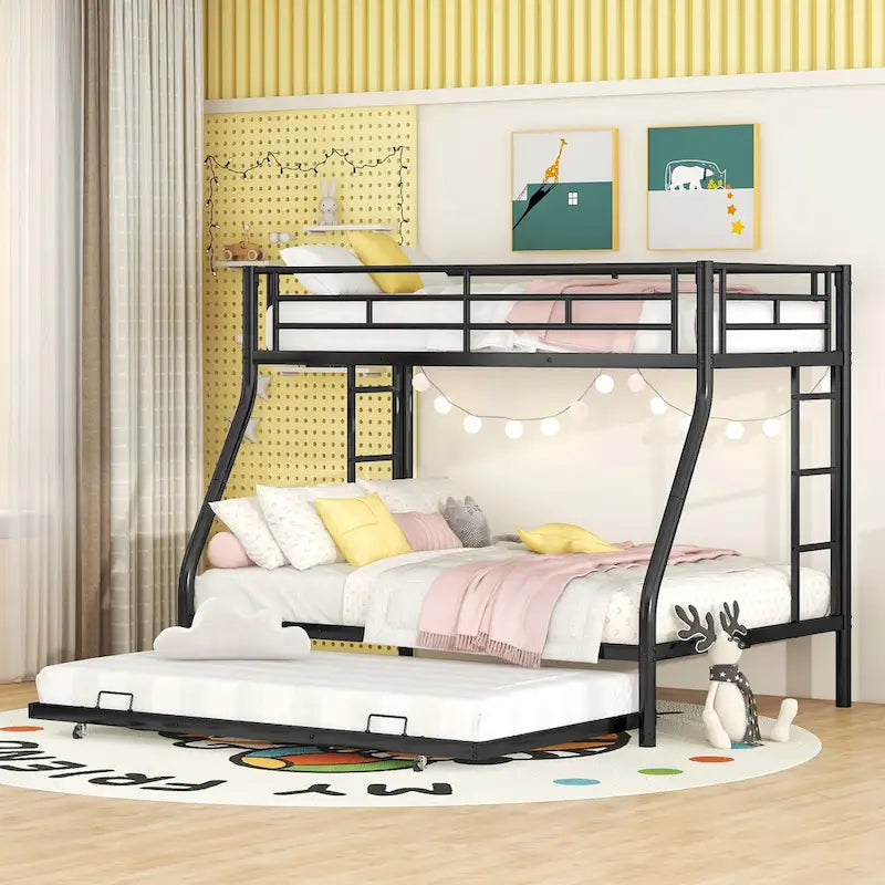Twin-Over-Full Steel Bunk Bed with Twin Trundle and Dual Ladders