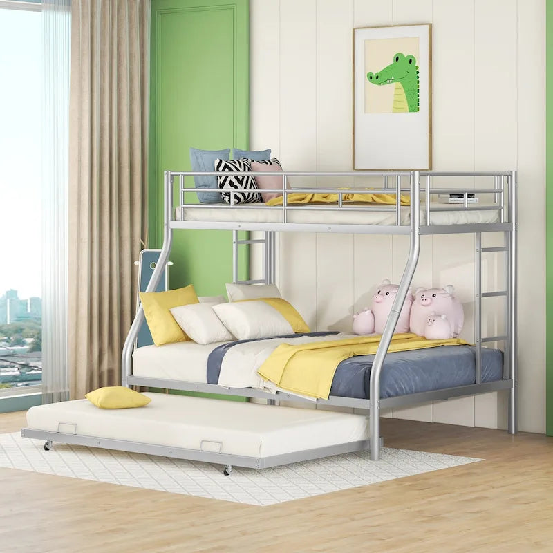 Twin-Over-Full Steel Bunk Bed with Twin Trundle and Dual Ladders