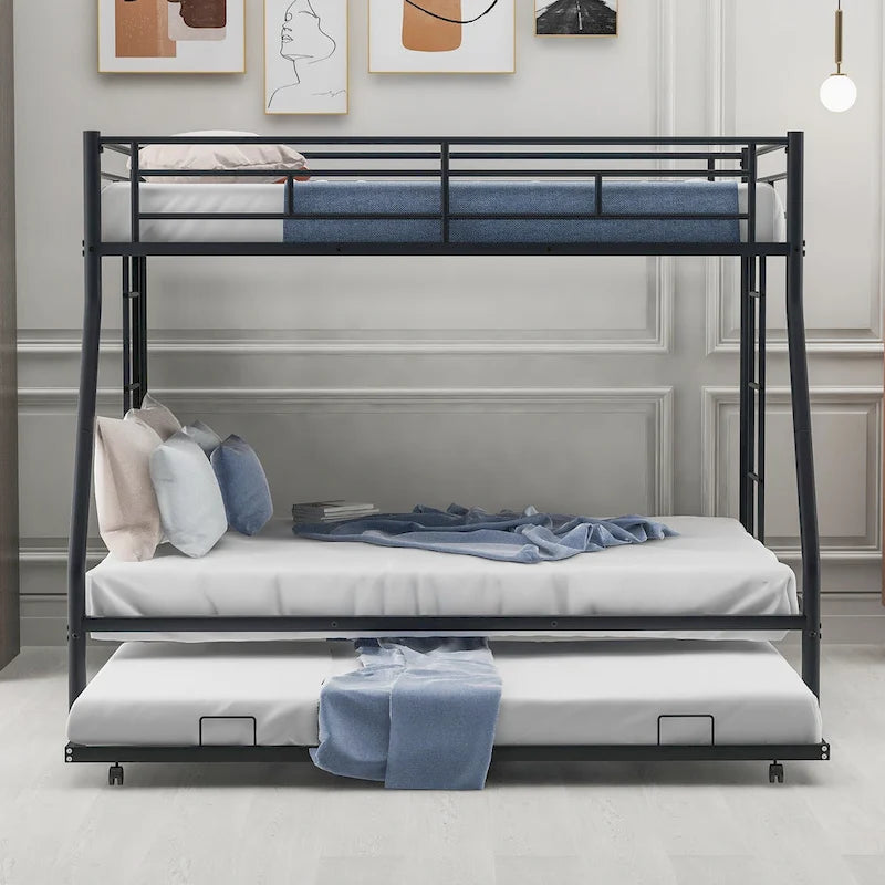 Twin-Over-Full Steel Bunk Bed with Twin Trundle and Dual Ladders