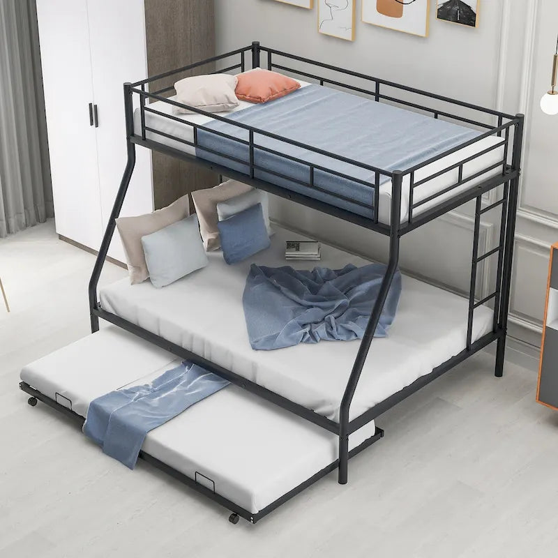 Twin-Over-Full Steel Bunk Bed with Twin Trundle and Dual Ladders
