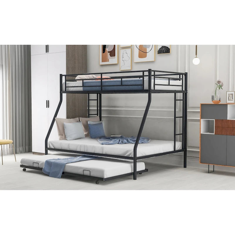 Twin-Over-Full Steel Bunk Bed with Twin Trundle and Dual Ladders