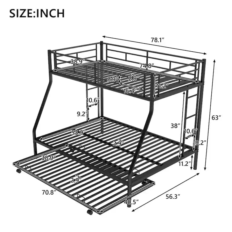Twin-Over-Full Steel Bunk Bed with Twin Trundle and Dual Ladders