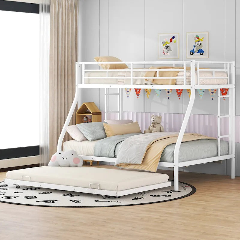 Twin-Over-Full Steel Bunk Bed with Twin Trundle and Dual Ladders