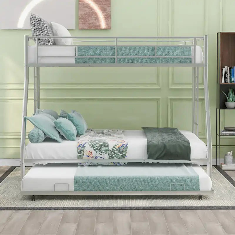 Twin-Over-Full Steel Bunk Bed with Twin Trundle and Dual Ladders