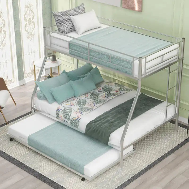 Twin-Over-Full Steel Bunk Bed with Twin Trundle and Dual Ladders