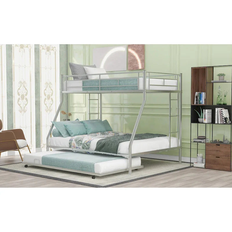 Twin-Over-Full Steel Bunk Bed with Twin Trundle and Dual Ladders