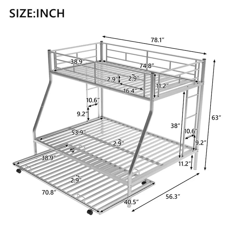 Twin-Over-Full Steel Bunk Bed with Twin Trundle and Dual Ladders