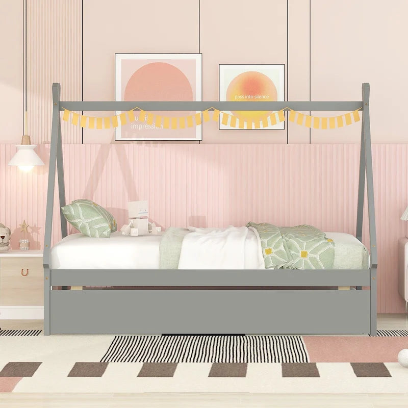 Twin-Size Tent Floor Bed with Pull-Out Trundle