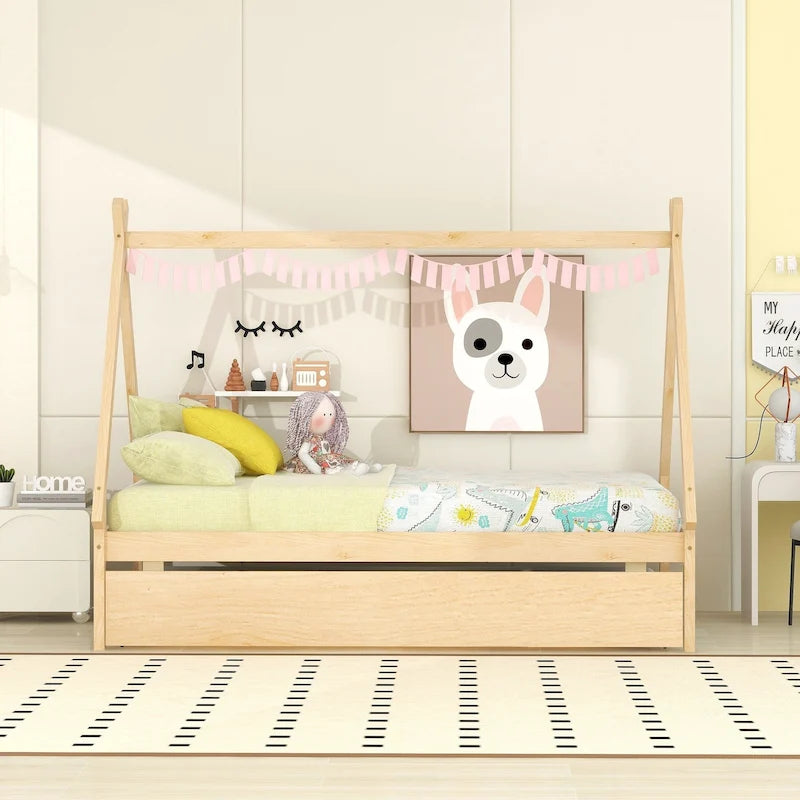 Twin-Size Tent Floor Bed with Pull-Out Trundle