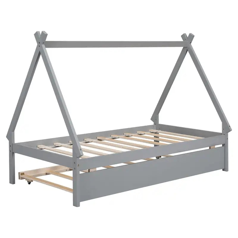Twin-Size Tent Floor Bed with Pull-Out Trundle