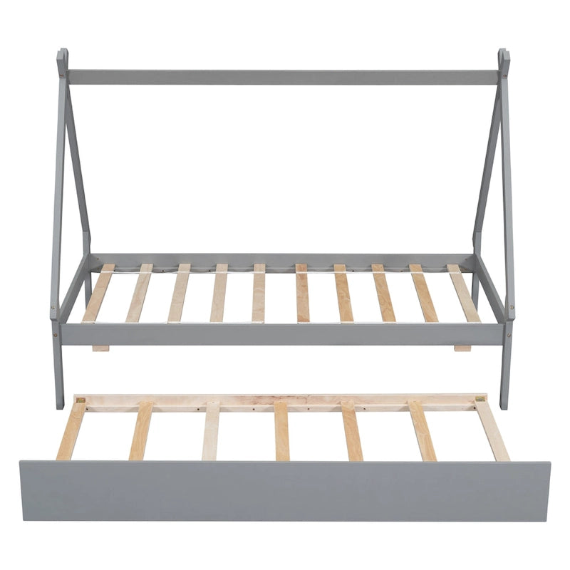 Twin-Size Tent Floor Bed with Pull-Out Trundle