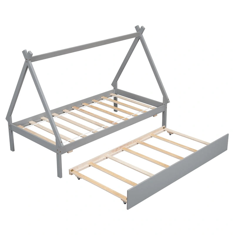 Twin-Size Tent Floor Bed with Pull-Out Trundle