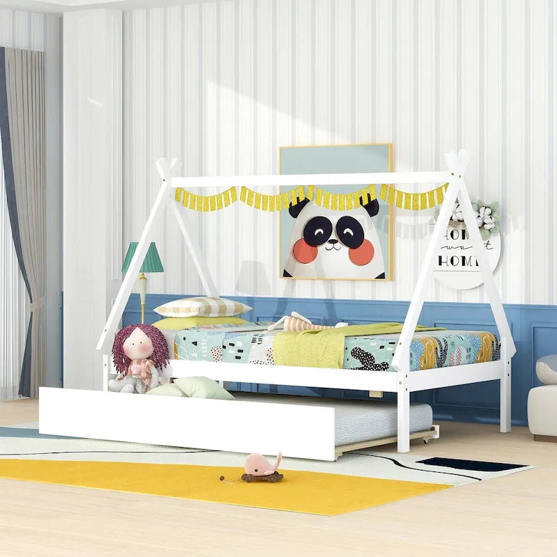 Twin-Size Tent Floor Bed with Pull-Out Trundle