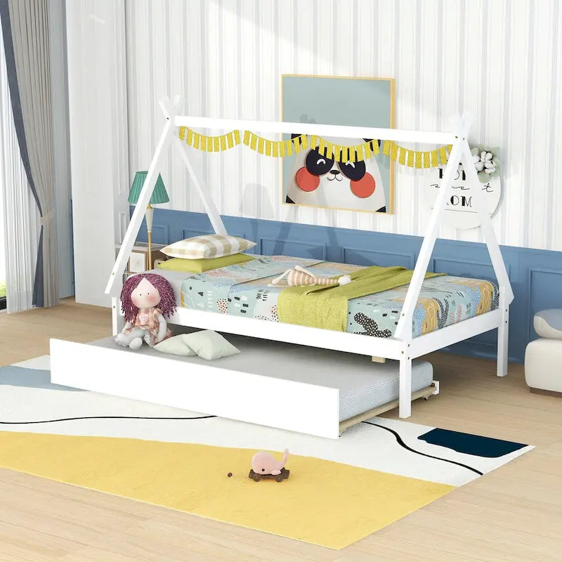 Twin-Size Tent Floor Bed with Pull-Out Trundle