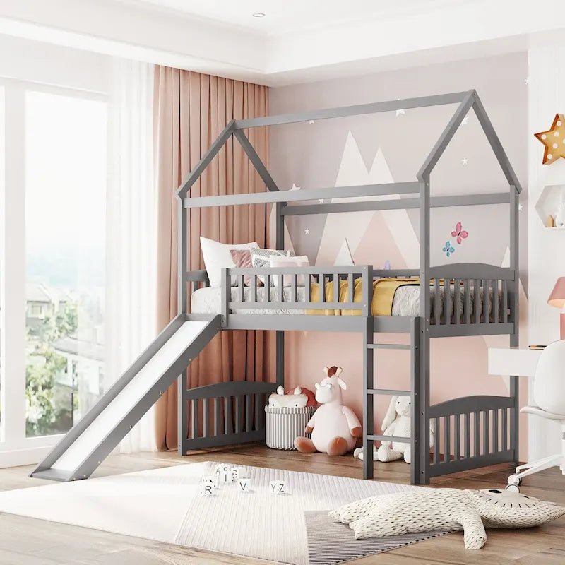 Twin Wood Loft Bed with Slide and Guardrails