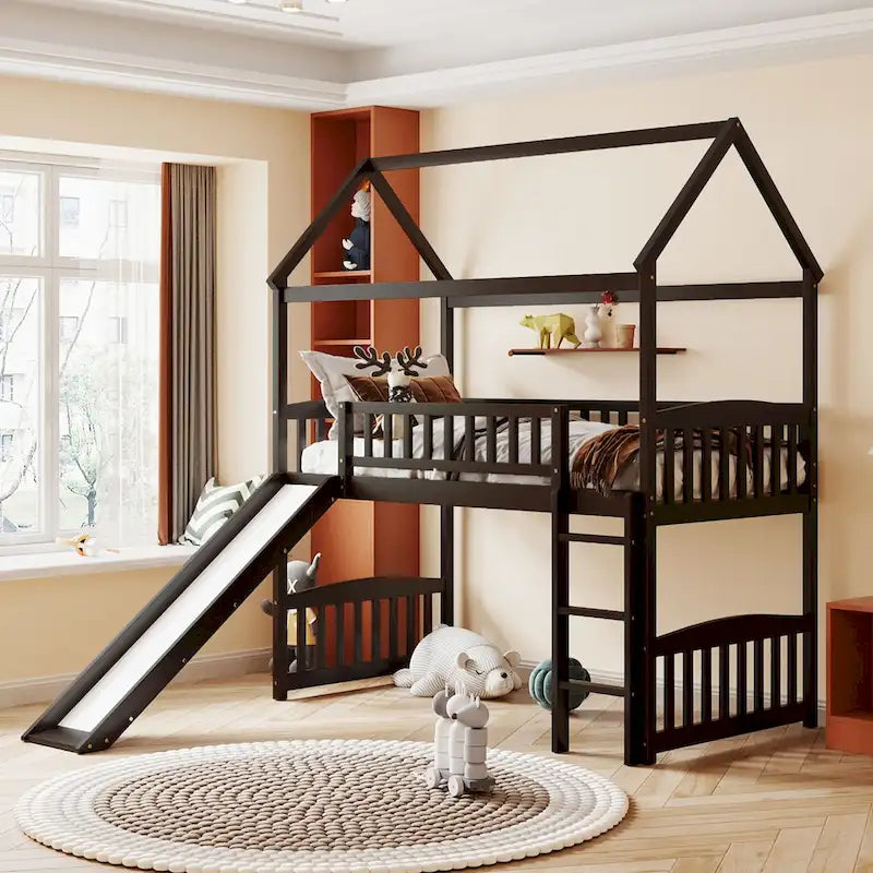 Twin Wood Loft Bed with Slide and Guardrails