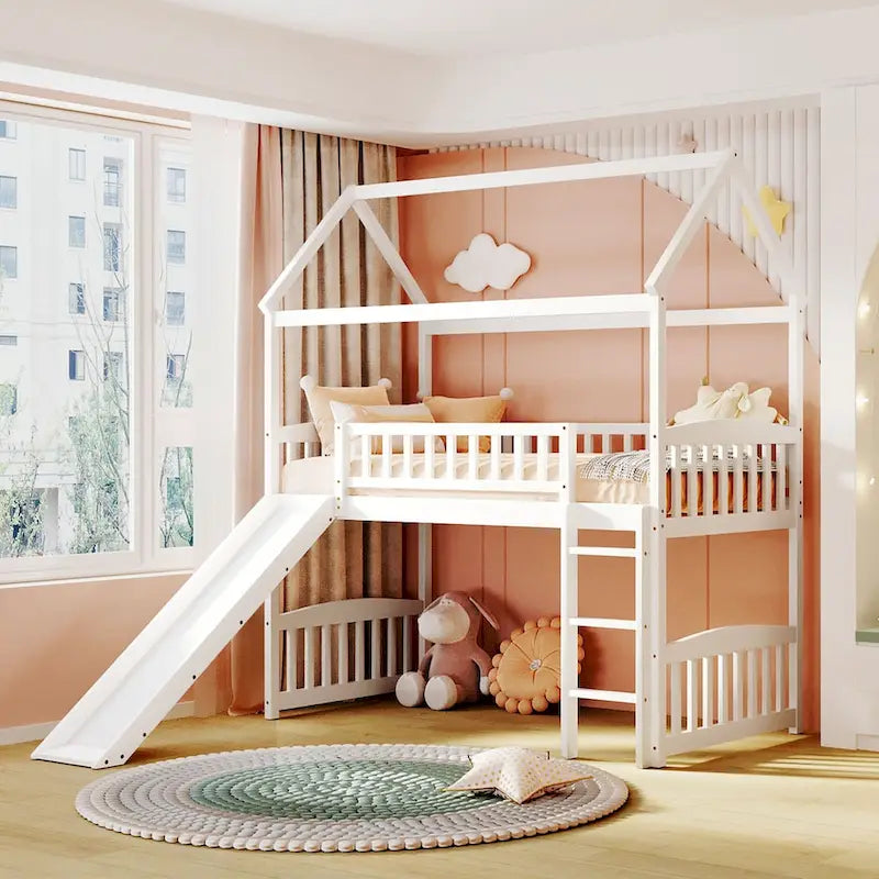 Twin Wood Loft Bed with Slide and Guardrails