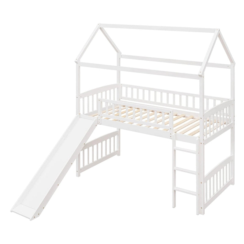 Twin Wood Loft Bed with Slide and Guardrails
