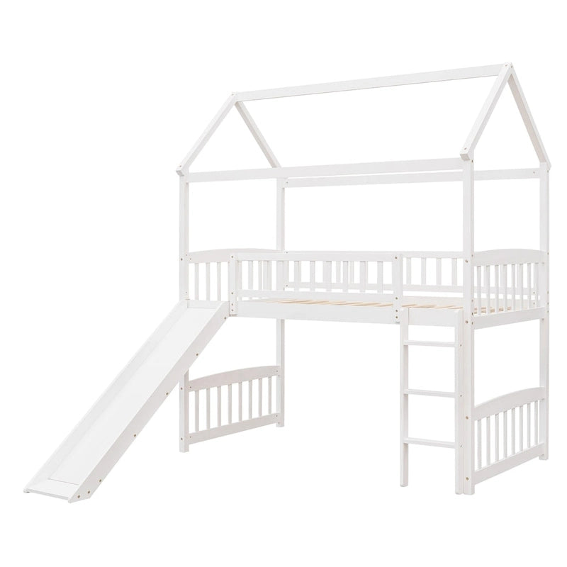 Twin Wood Loft Bed with Slide and Guardrails