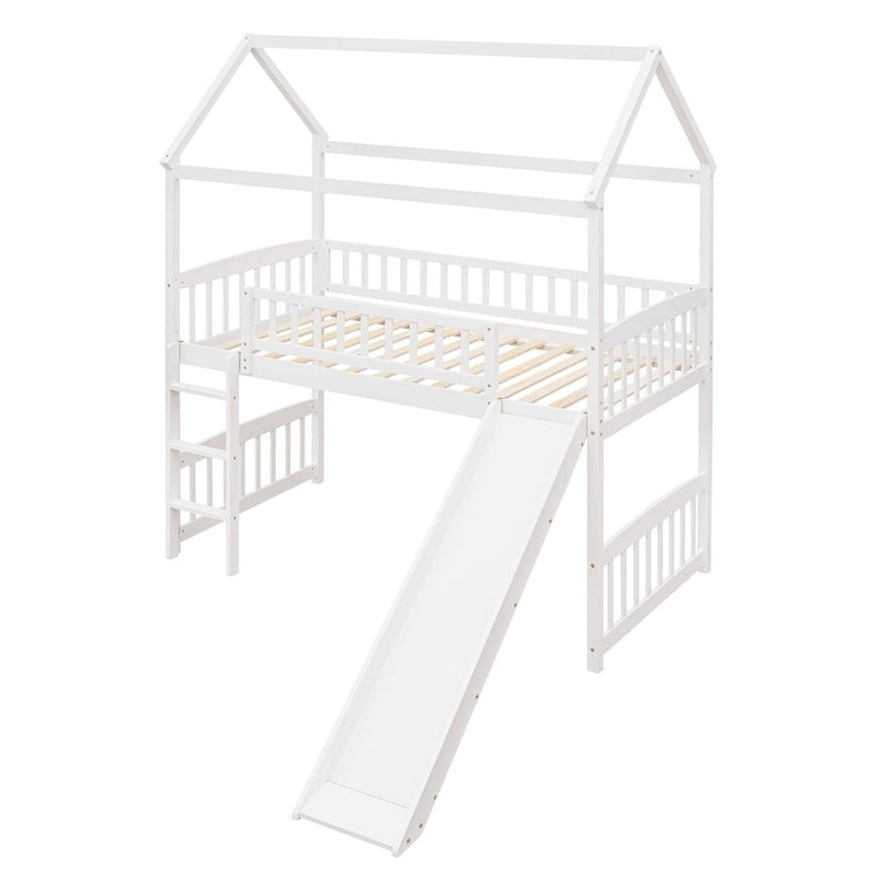 Twin Wood Loft Bed with Slide and Guardrails
