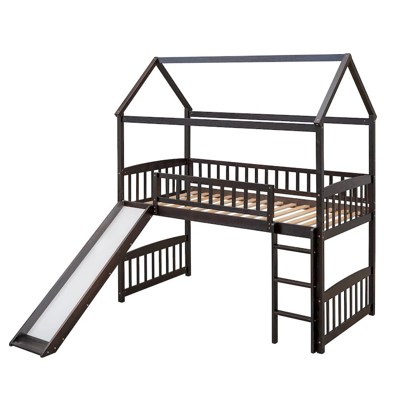 Twin Wood Loft Bed with Slide and Guardrails