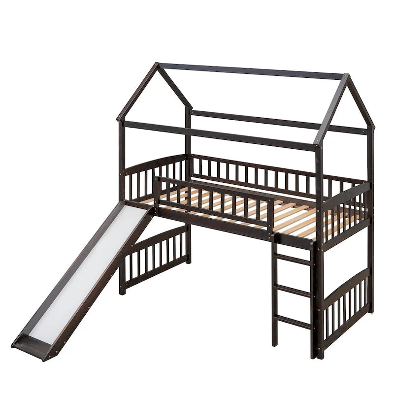 Twin Wood Loft Bed with Slide and Guardrails