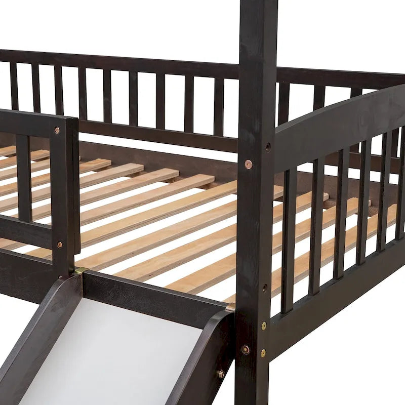 Twin Wood Loft Bed with Slide and Guardrails