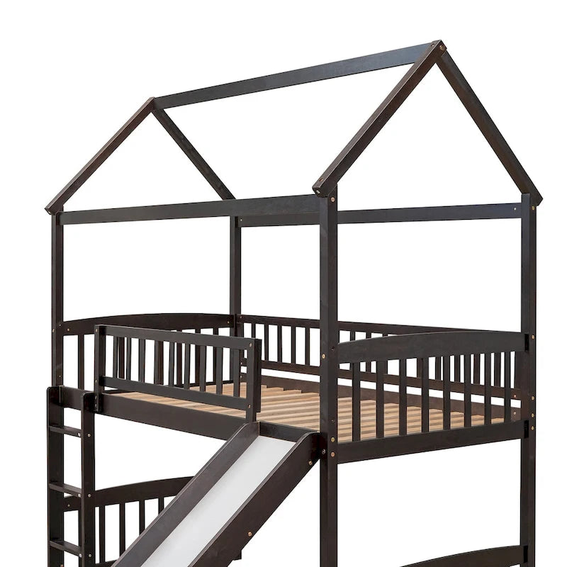 Twin Wood Loft Bed with Slide and Guardrails