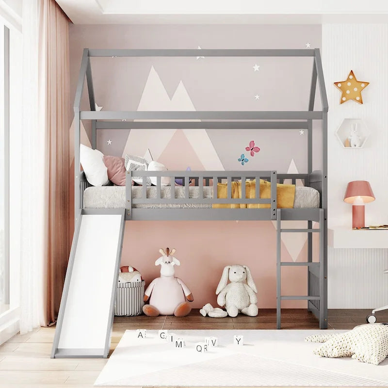 Twin Wood Loft Bed with Slide and Guardrails