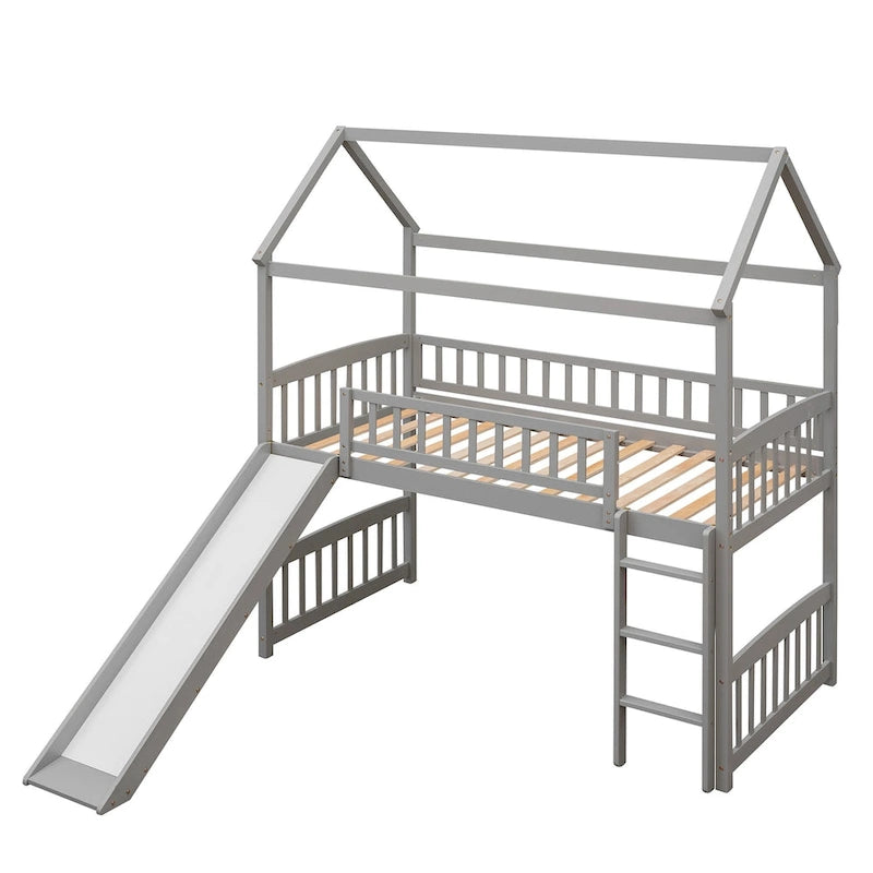Twin Wood Loft Bed with Slide and Guardrails