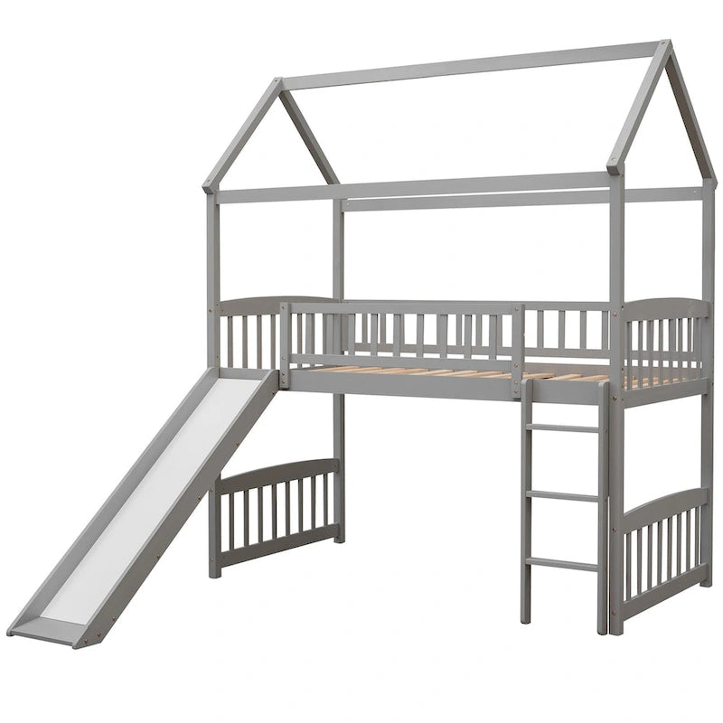 Twin Wood Loft Bed with Slide and Guardrails