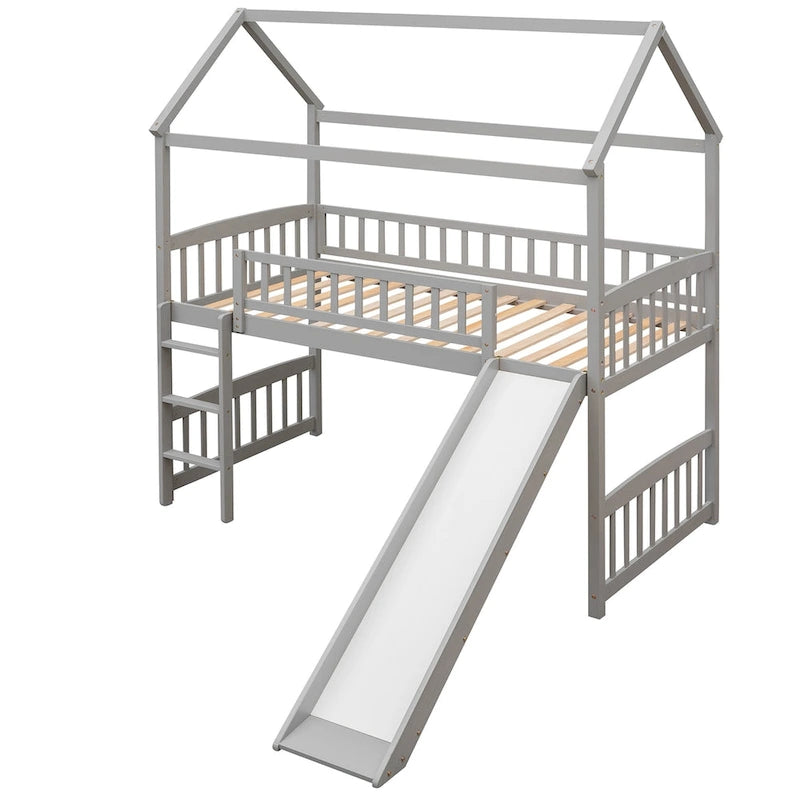Twin Wood Loft Bed with Slide and Guardrails