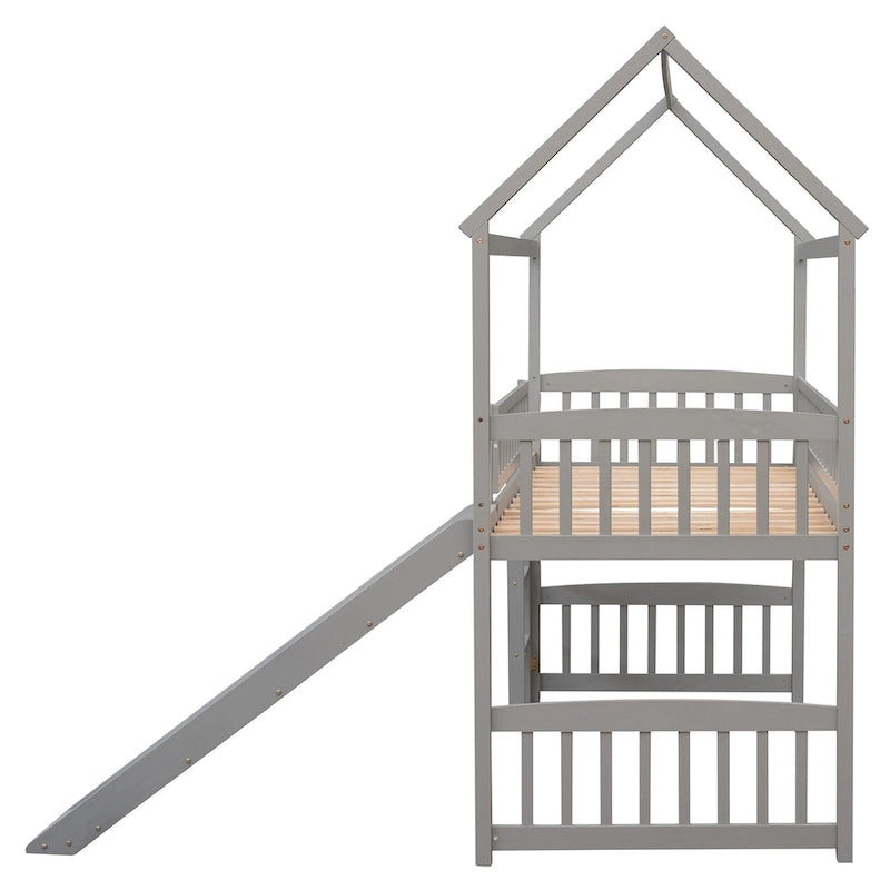Twin Wood Loft Bed with Slide and Guardrails